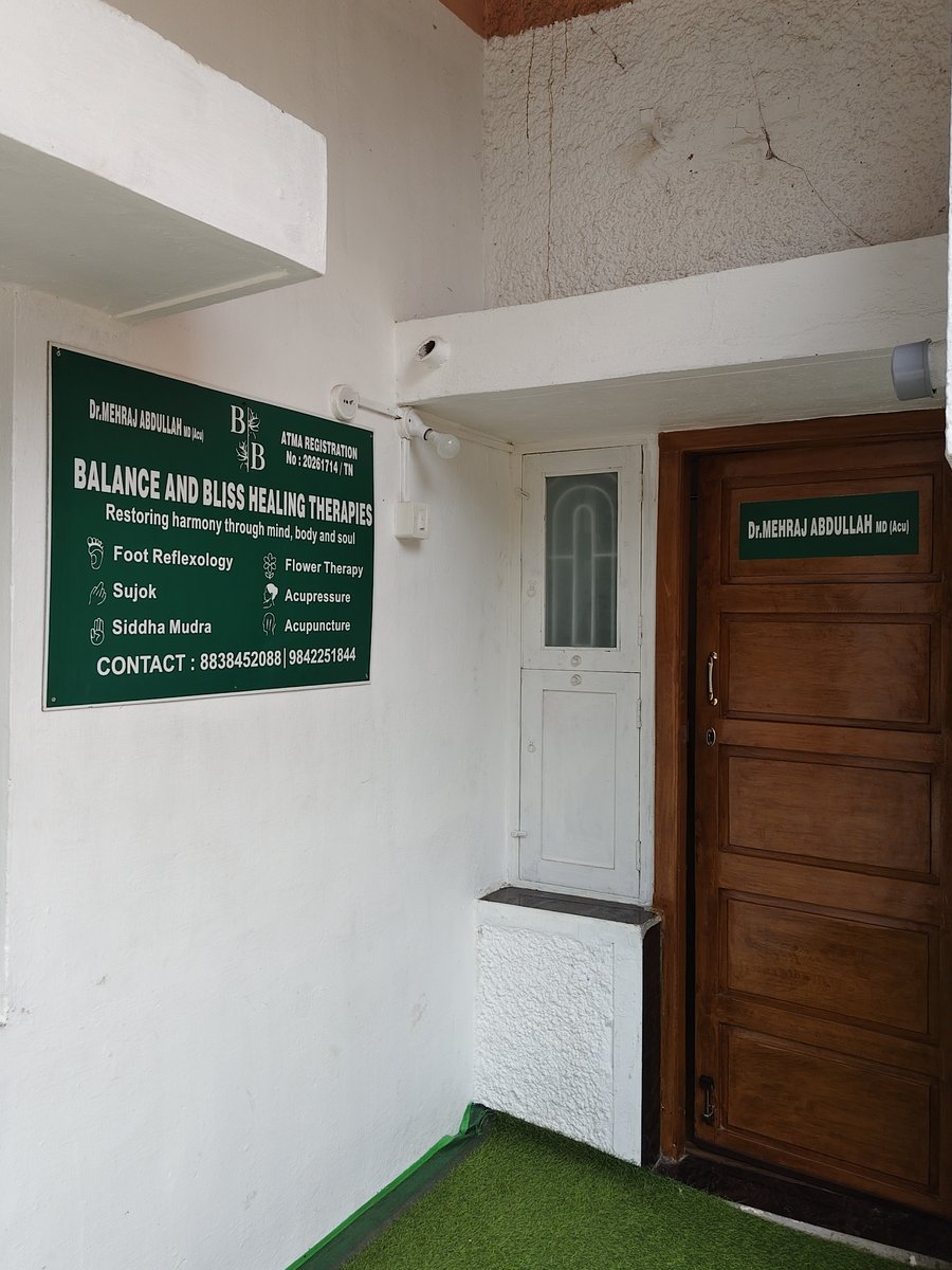 Balance & Bliss clinic entrance with lush green turf wall, registration certificates, and reception